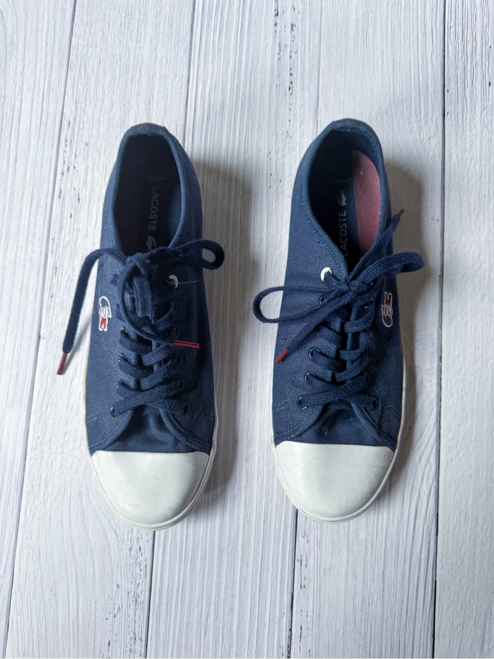 Lacoste Women Navy Canvas Lace-Up Sneakers with White Toe Cap Sz 6.5/37.5